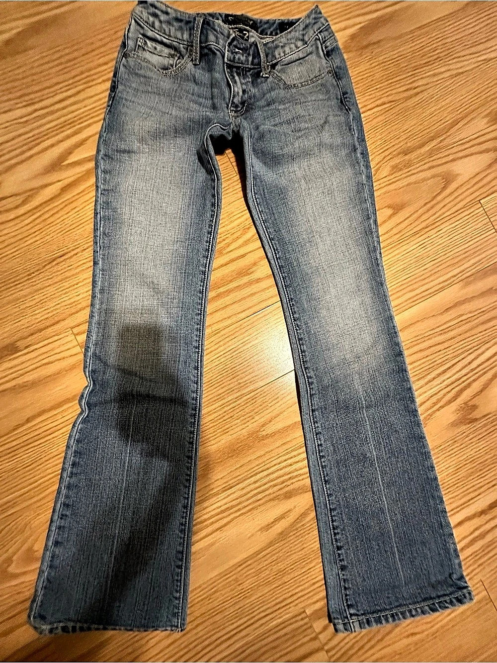 Seven7 Low Rise Flare Blue Jeans Y2K Embellished Rhinestones pockets Waist 26